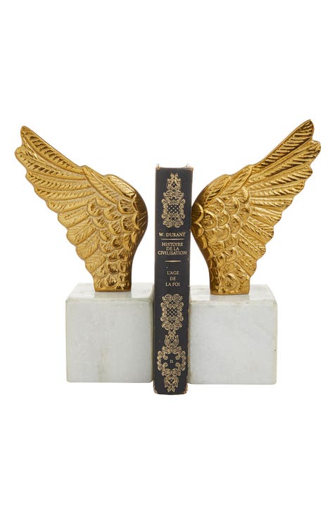 Goldtone Aluminum Bird Wings Bookend with Marble Base - Set of 2