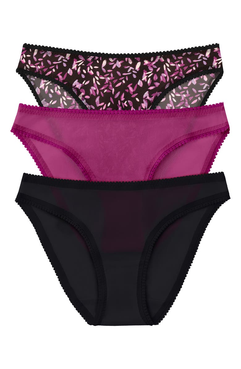 On Gossamer 3-Pack Mesh Hip Bikinis, Main, color, Black/ Gw/ Falling Petals