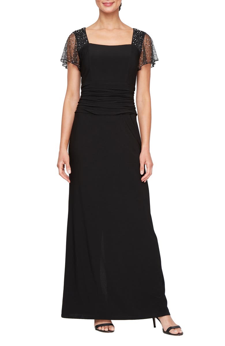 SL FASHIONS Beaded Sleeve Ruched Waist Gown, Main, color,
