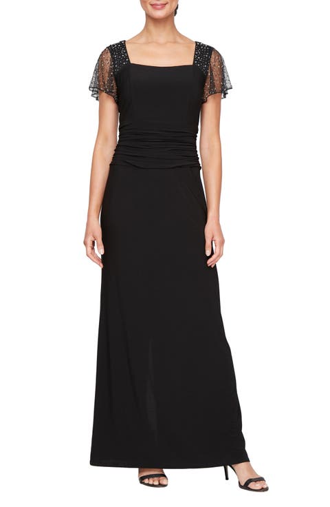 Beaded Sleeve Ruched Waist Gown (Petite)
