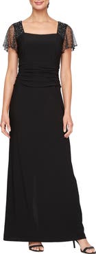 SL FASHIONS Beaded Sleeve Ruched Waist Gown