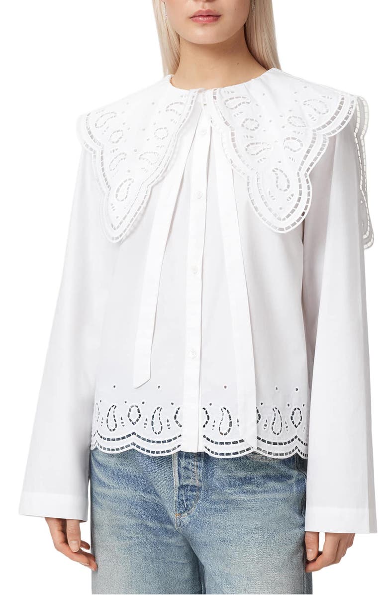 AllSaints Marie Openwork Detail Button-Up Shirt, Main, color, 