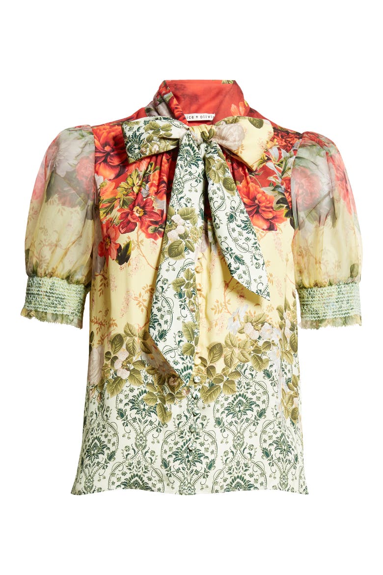 Brentley Floral Tie Neck Puff Sleeve Top, Alternate, color, OAKLEY