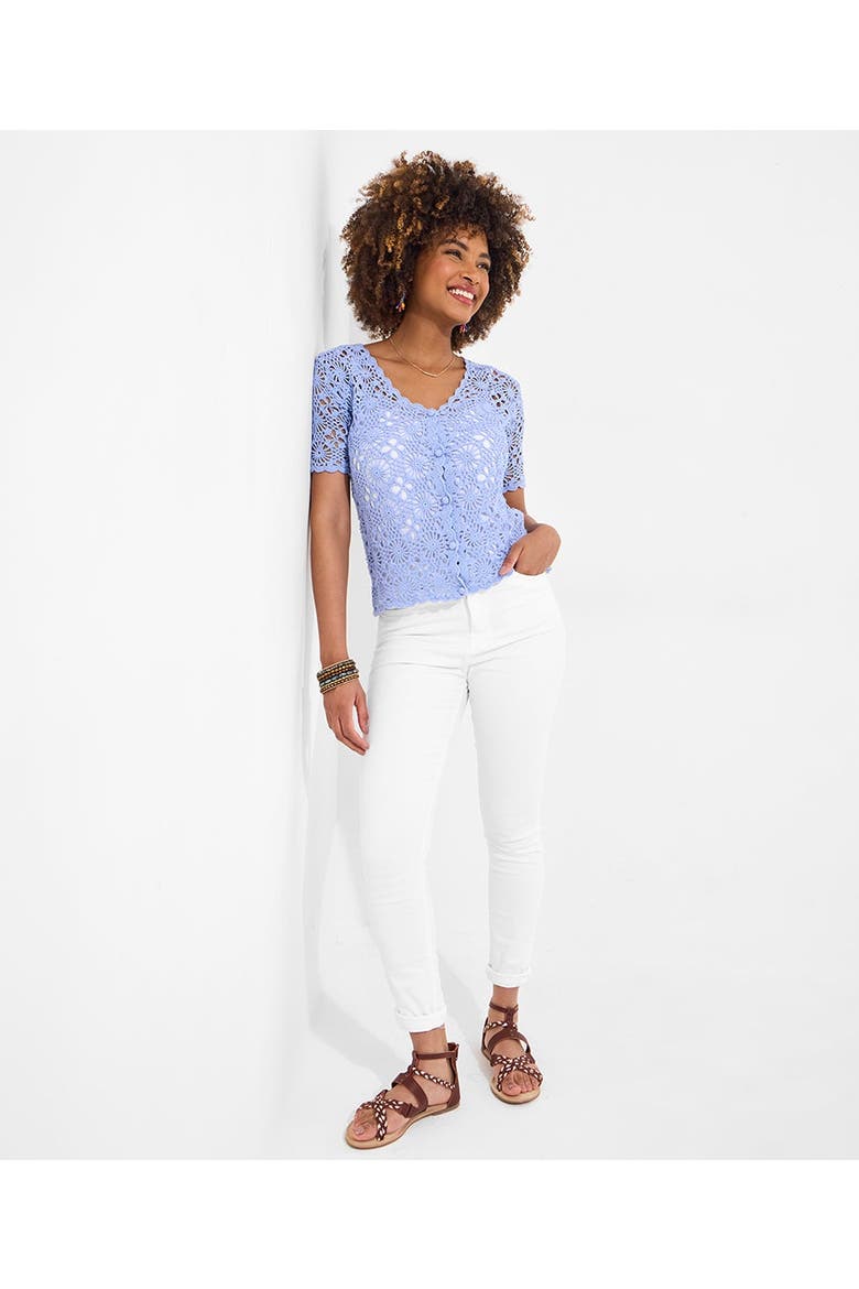 Crochet V-Neck Cardigan, Alternate, color, FRENCH BLUE
