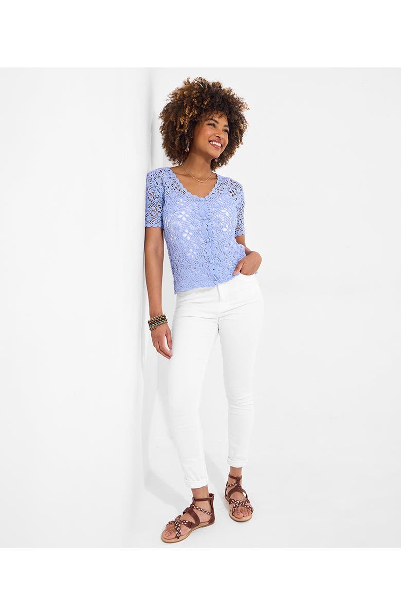Jessica London Crochet V-Neck Cardigan, Alternate, color, French Blue