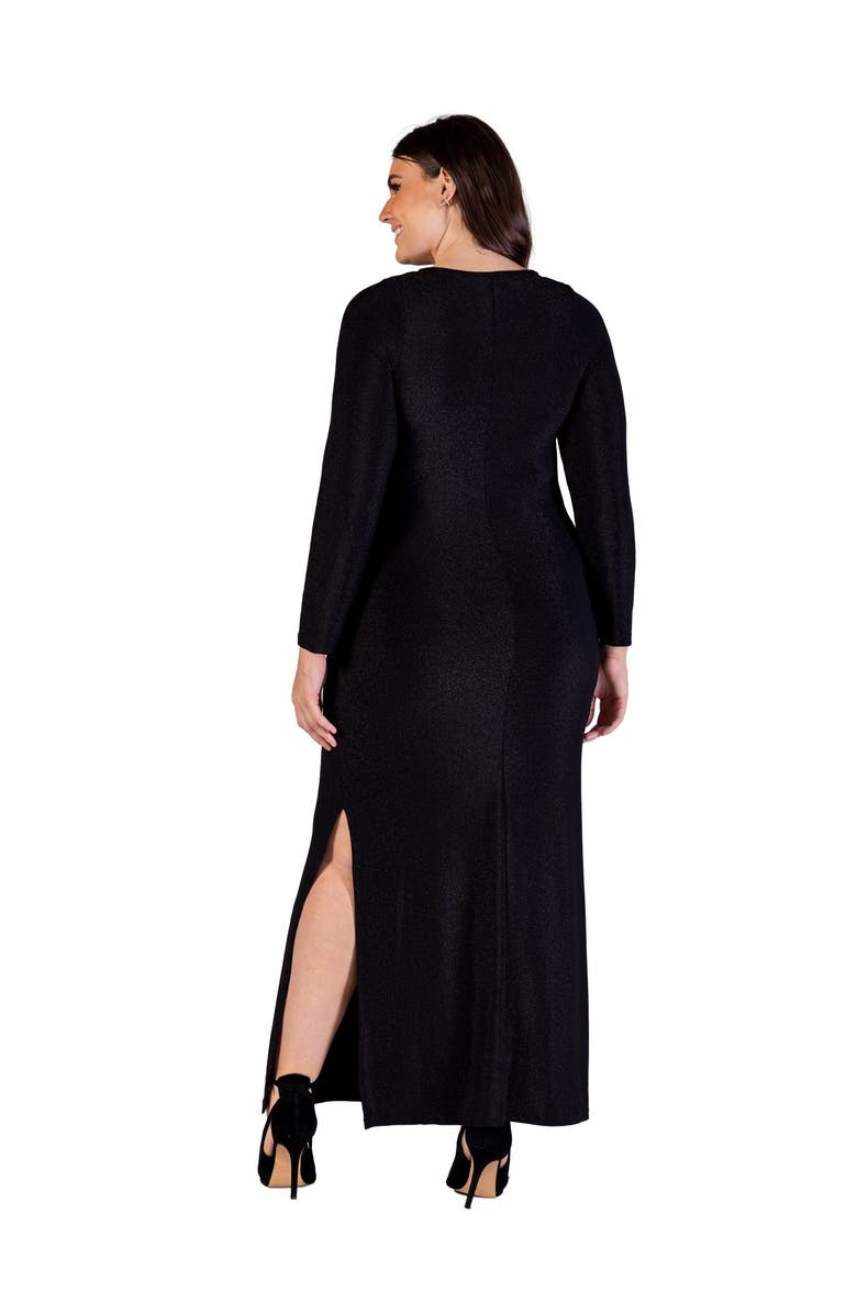 24seven Comfort Apparel Fitted Long Sleeve Shimmery Fabric Side Slit Maxi Dress, Alternate, color, Black