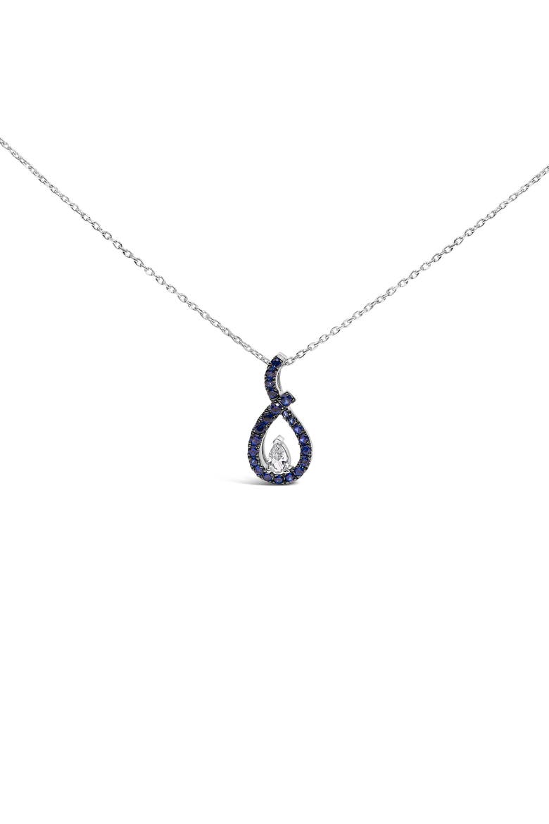 Silver Created Blue and White Sapphire Teardrop Shaped Pendant Necklace, Main, color, White