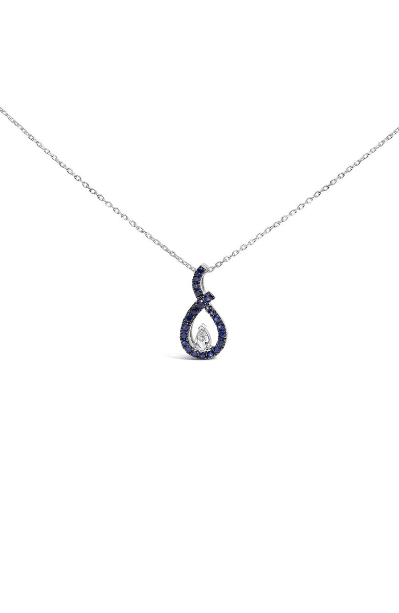 Haus of Brilliance Silver Created Blue and White Sapphire Teardrop Shaped Pendant Necklace, Main, color, White