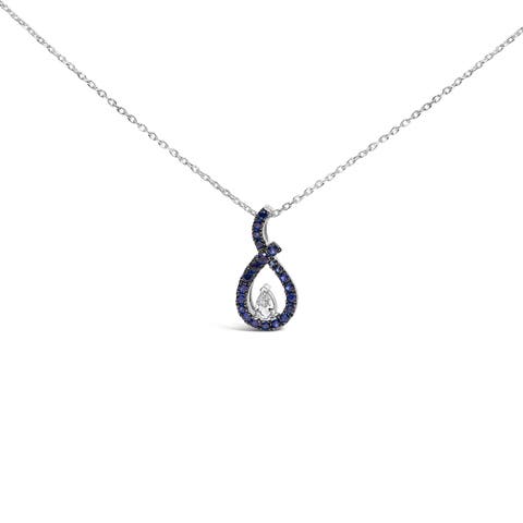 Silver Created Blue and White Sapphire Teardrop Shaped Pendant Necklace