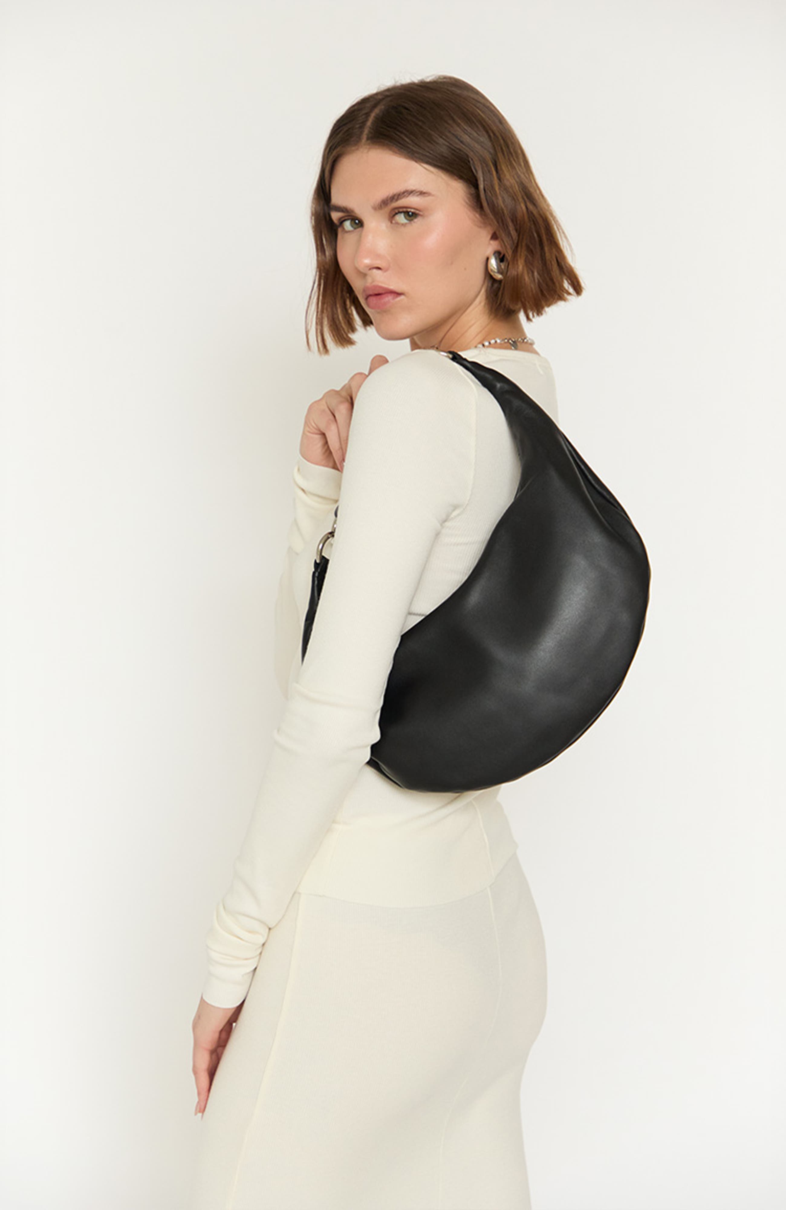 HYER GOODS Small Leather Convertible Hobo Crescent  Ring Bag, Alternate, color, Black/Silver