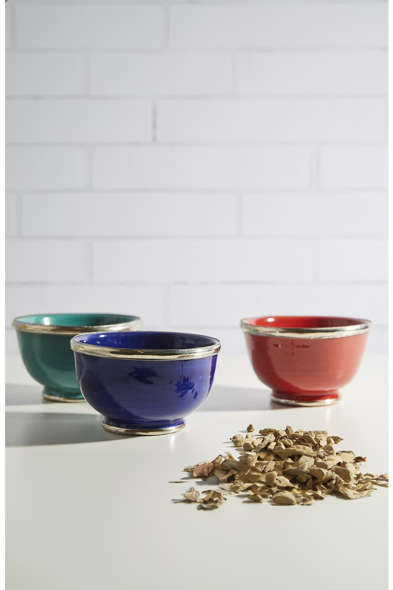 Set of Moroccan Glazed Bowls with Berber Silver Trim, Alternate, color, RED