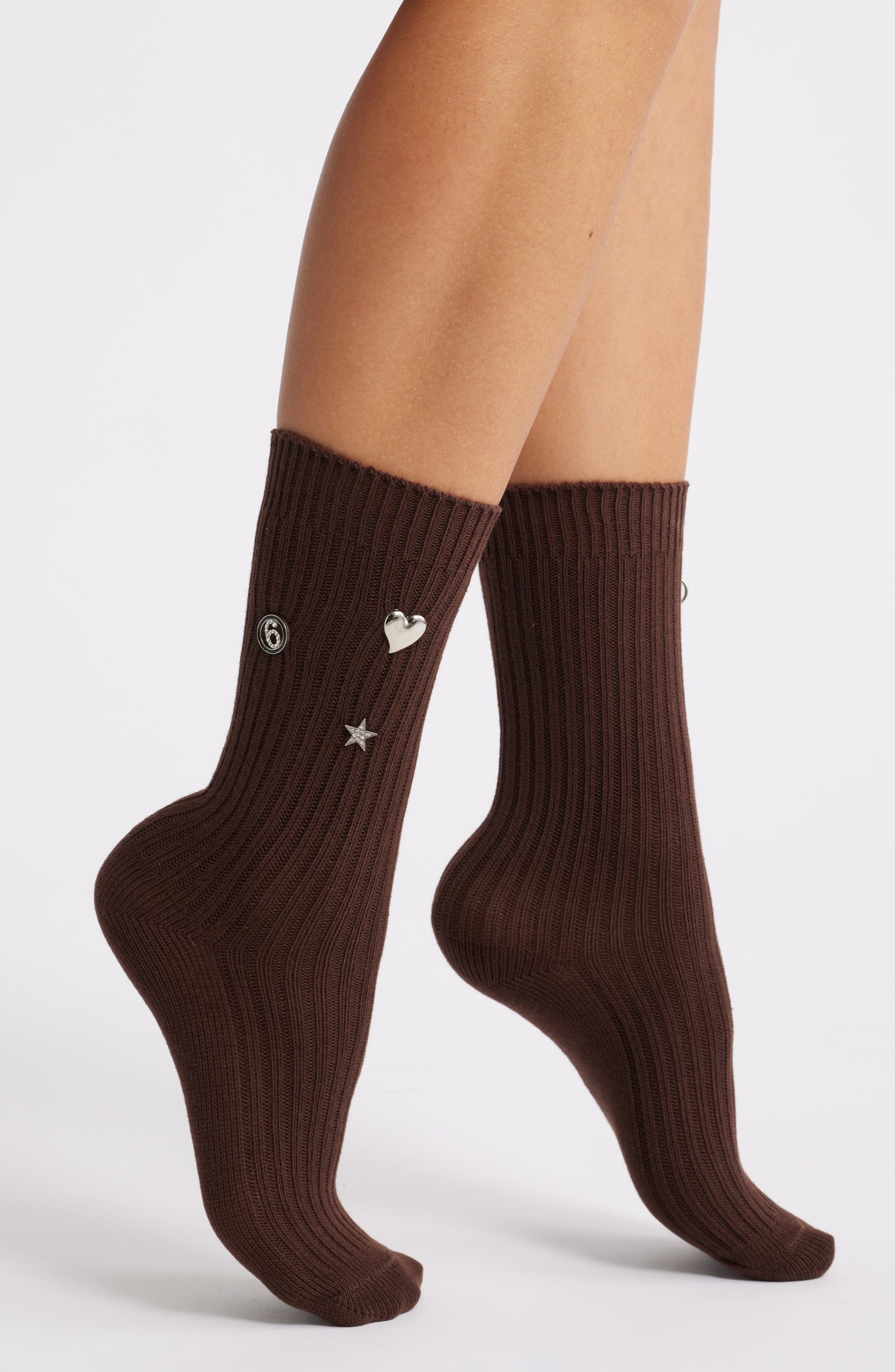 HIGH HEEL JUNGLE Punk Princess Embellished Crew Socks, Main, color, Brown