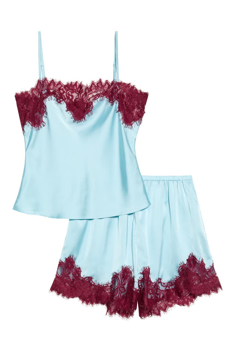 Lace Trim Satin Short Robe, Main, color, ICY BLUE