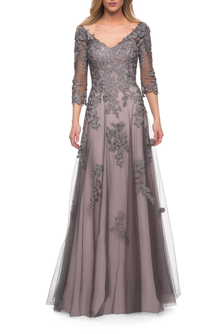 A Line Gown with Sheer Three-Quarter Sleeves, Main, color, Pink/Gray