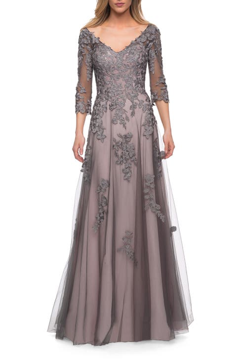 A Line Gown with Sheer Three-Quarter Sleeves