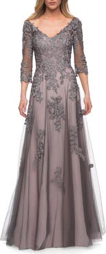 La Femme A Line Gown with Sheer Three-Quarter Sleeves