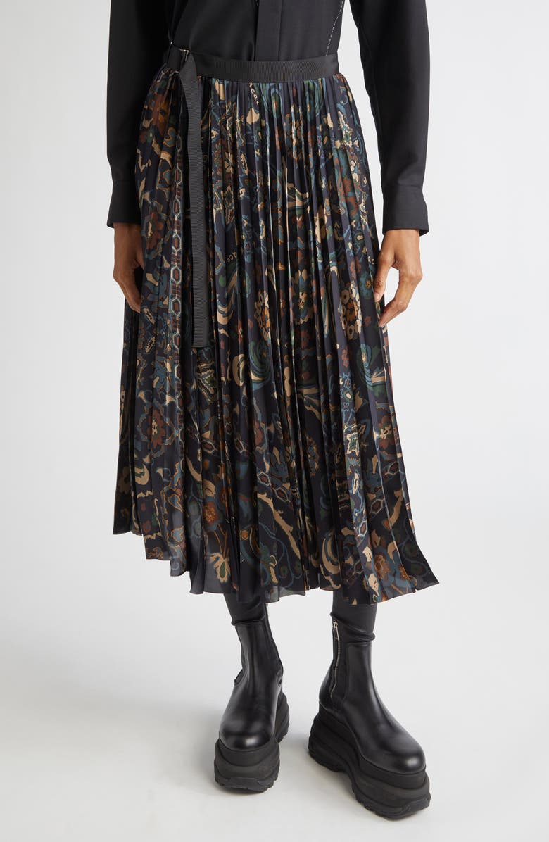Sacai Floral Print Pleated Midi Skirt, Main, color, Navy