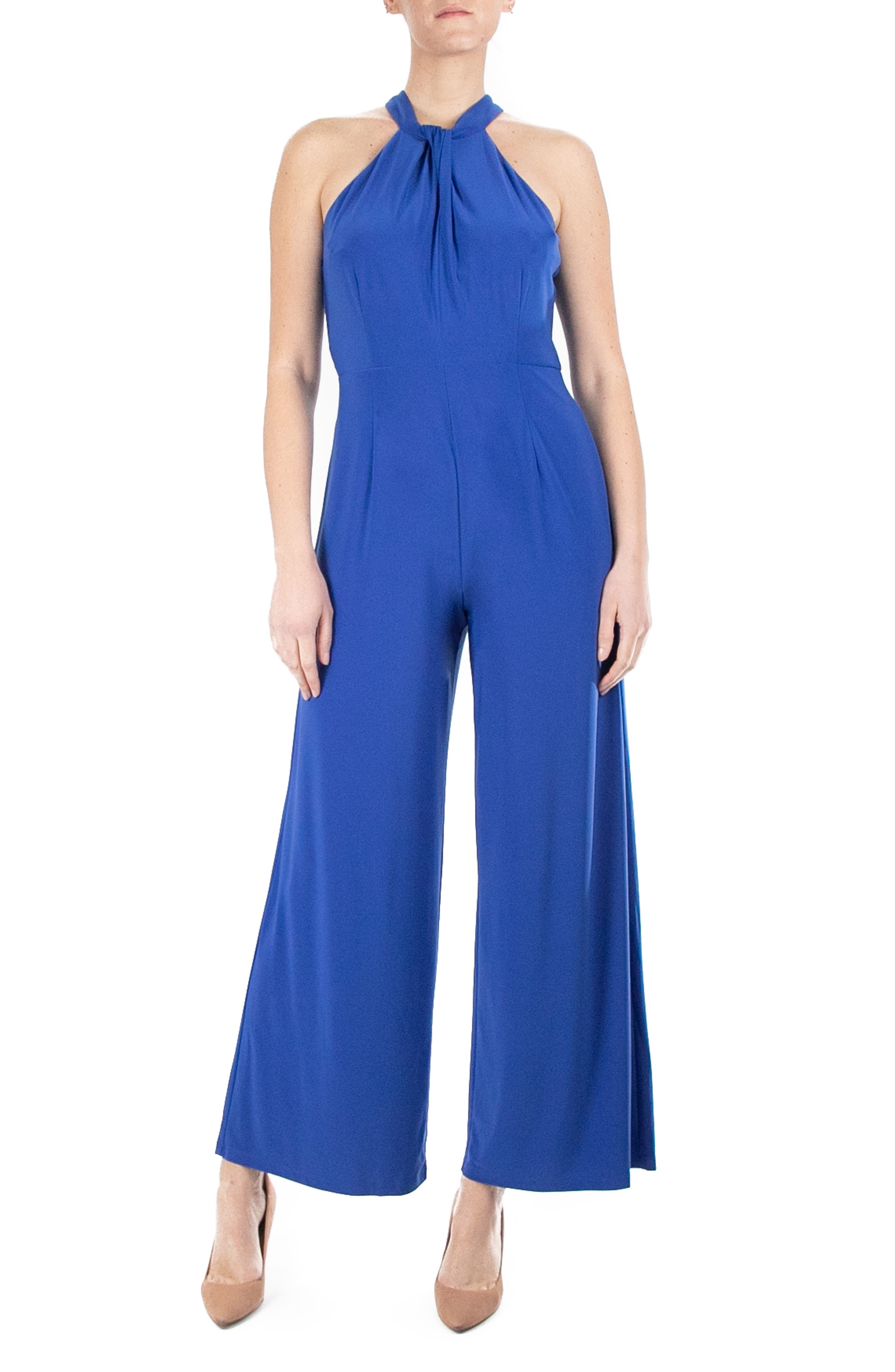 Nina Leonard Twist Halter Knit Jumpsuit