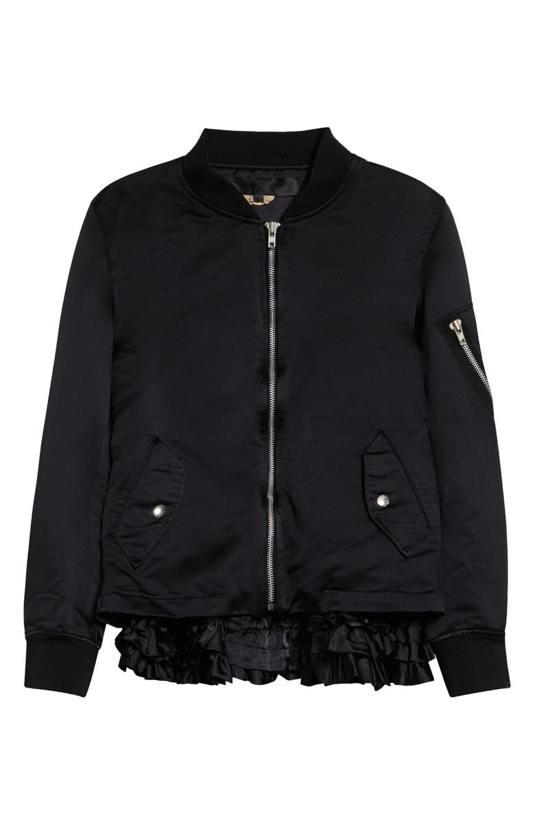 Comme des Garçons Comme des Garçons Ruffle Hem Satin Bomber Jacket, Main, color, Black