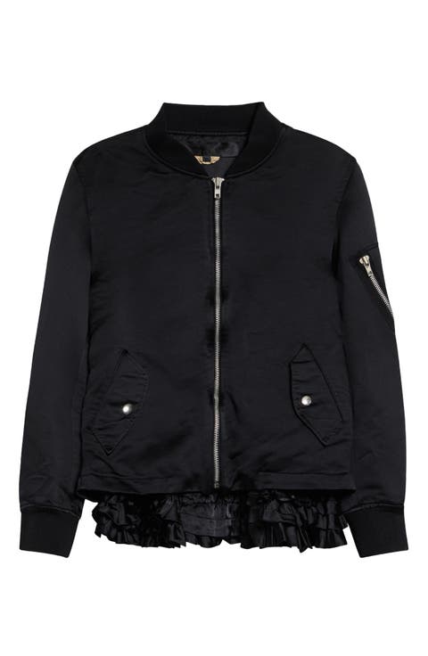 Ruffle Hem Satin Bomber Jacket