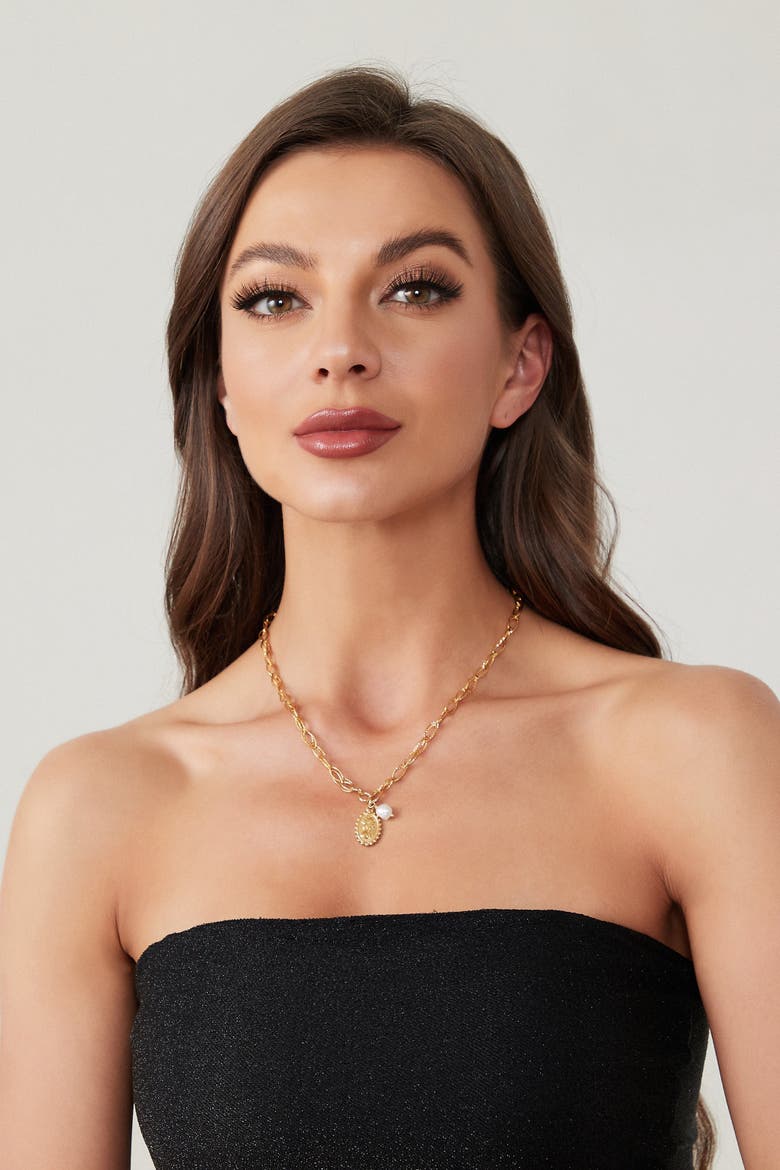 Carved Pendant and Freshwater Pearl Necklace, Alternate, color, Gold