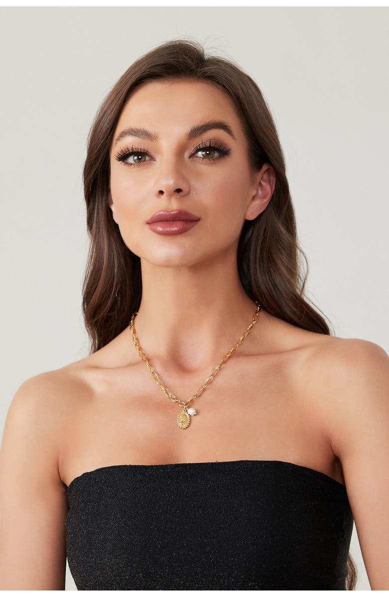 Classicharms Carved Pendant and Freshwater Pearl Necklace, Alternate, color, Gold