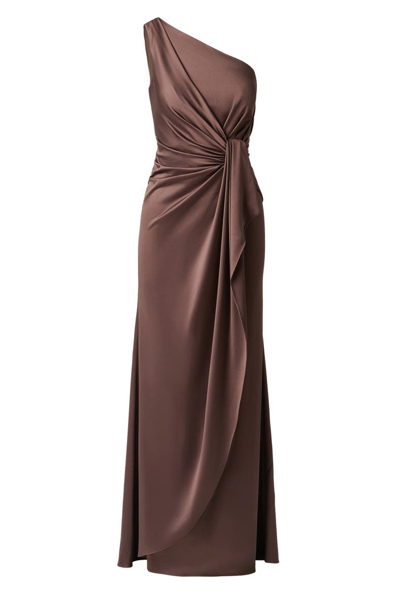 One-Shoulder Matte Satin Gown, Alternate, color, DARK BROWN