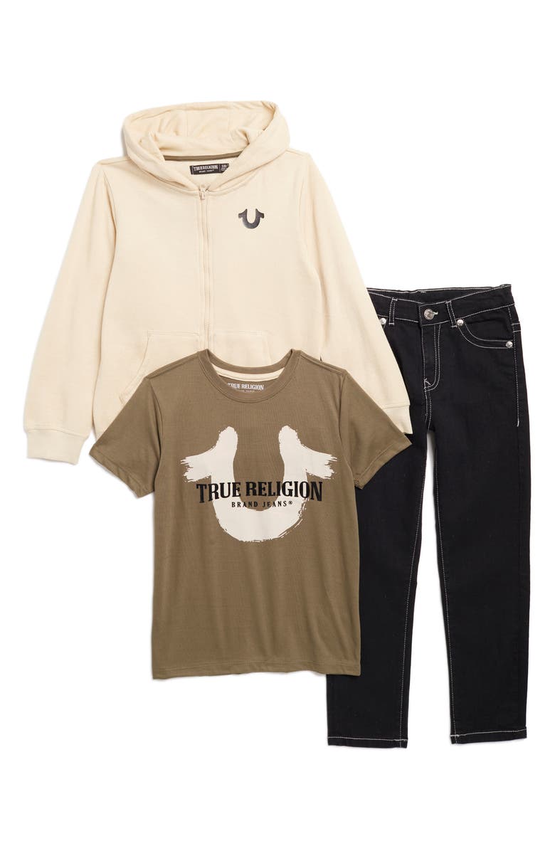 True Religion Brand Jeans Kids' Logo T-Shirt, Zip Hoodie & Jeans Set, Main, color, 