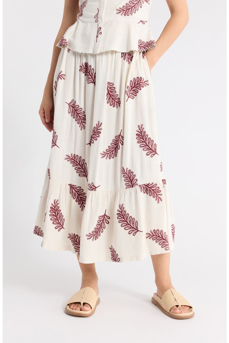 Flounce Midi Skirt, Main, color, IVORY BURGUNDY EMBROIDERY