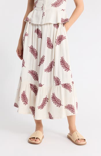 1901 Flounce Midi Skirt In Ivory Burgundy Embroidery