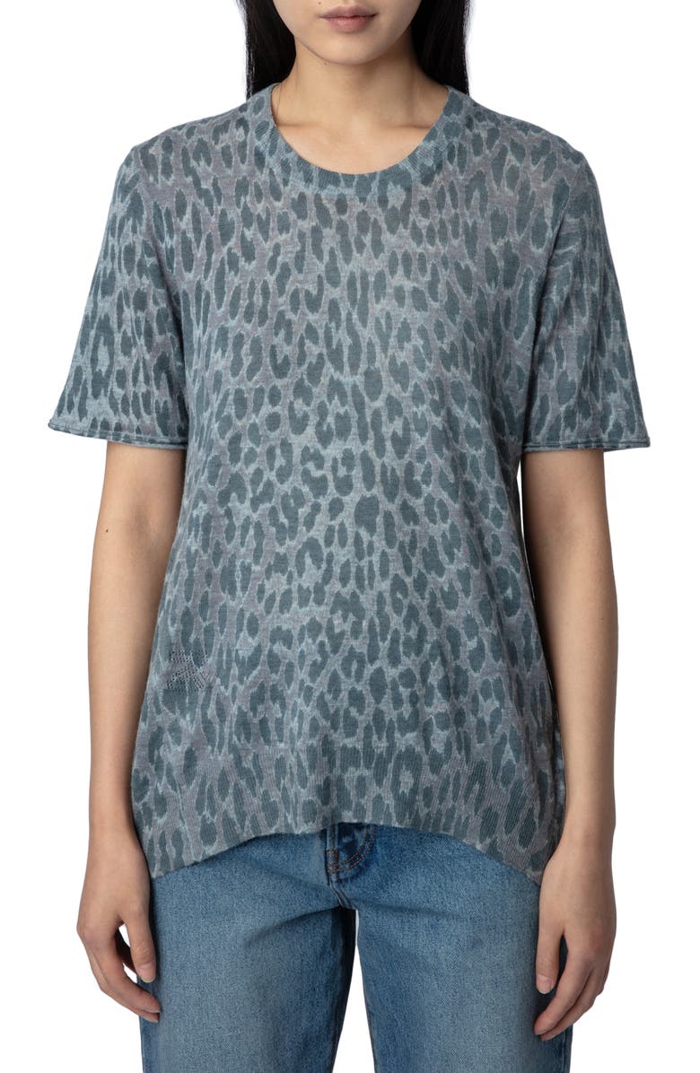 Zadig & Voltaire Ida Leopard Pattern Short Sleeve Cashmere Sweater, Main, color, 
