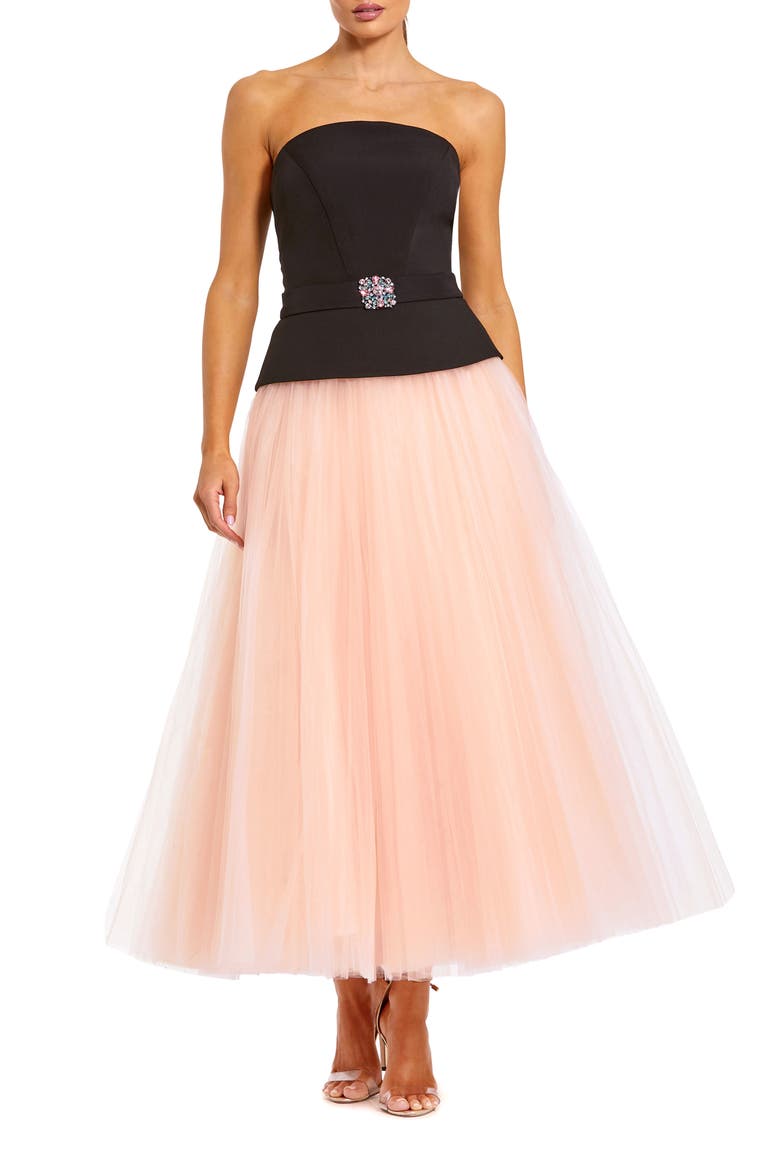 Strapless Midi Dress with Layered Tulle Skirt, Main, color, Black Pink
