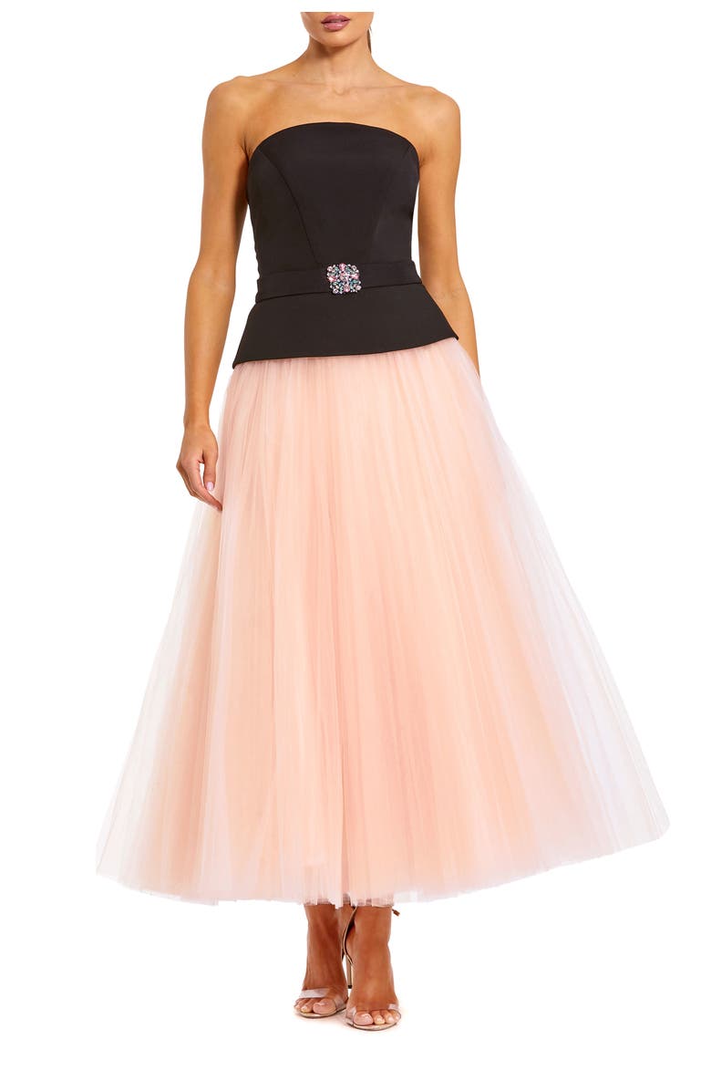 Mac Duggal Strapless Midi Dress with Layered Tulle Skirt, Main, color, Black Pink