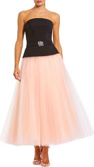 Mac Duggal Strapless Midi Dress with Layered Tulle Skirt