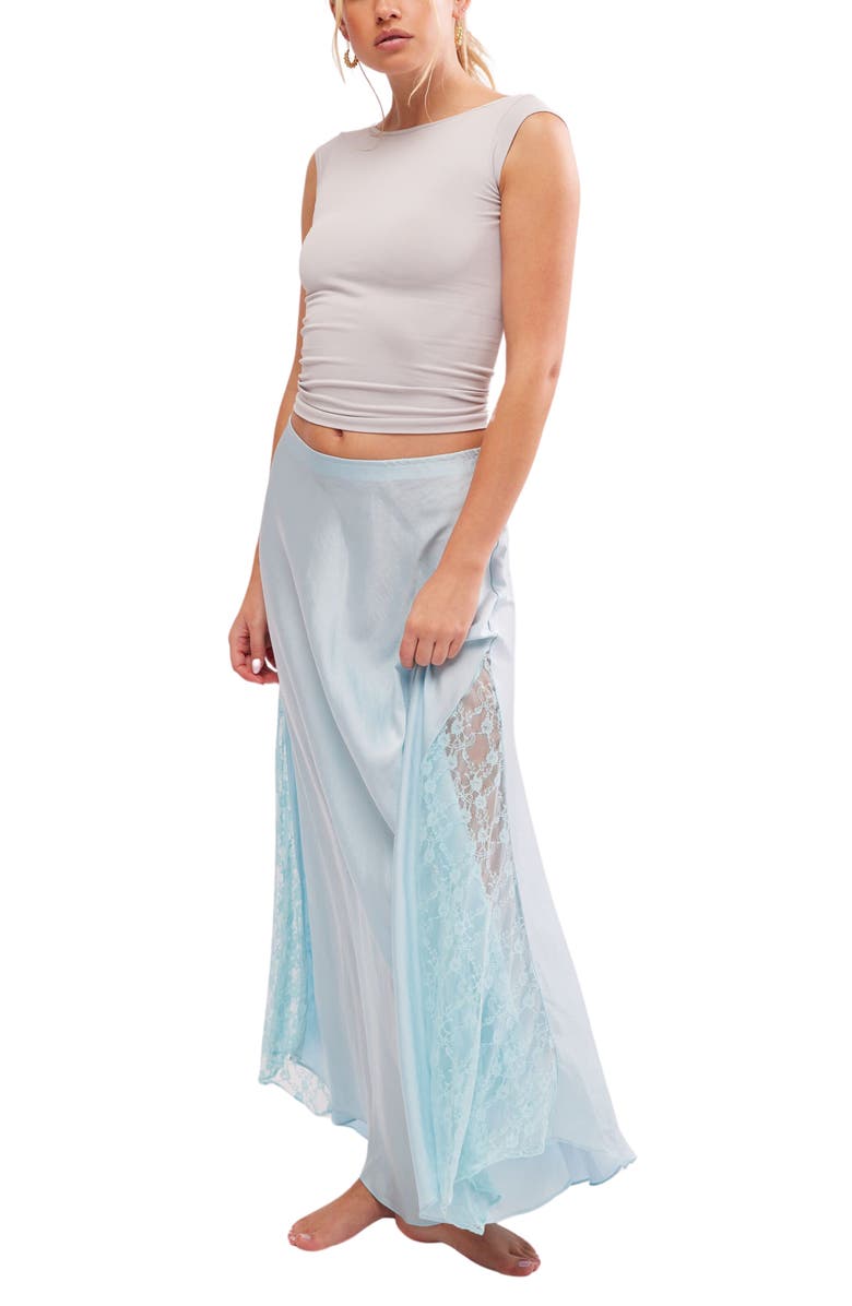 Free People Make You Mine Lace Inset Satin Maxi Slip Skirt, Alternate, color, Seasky Blue