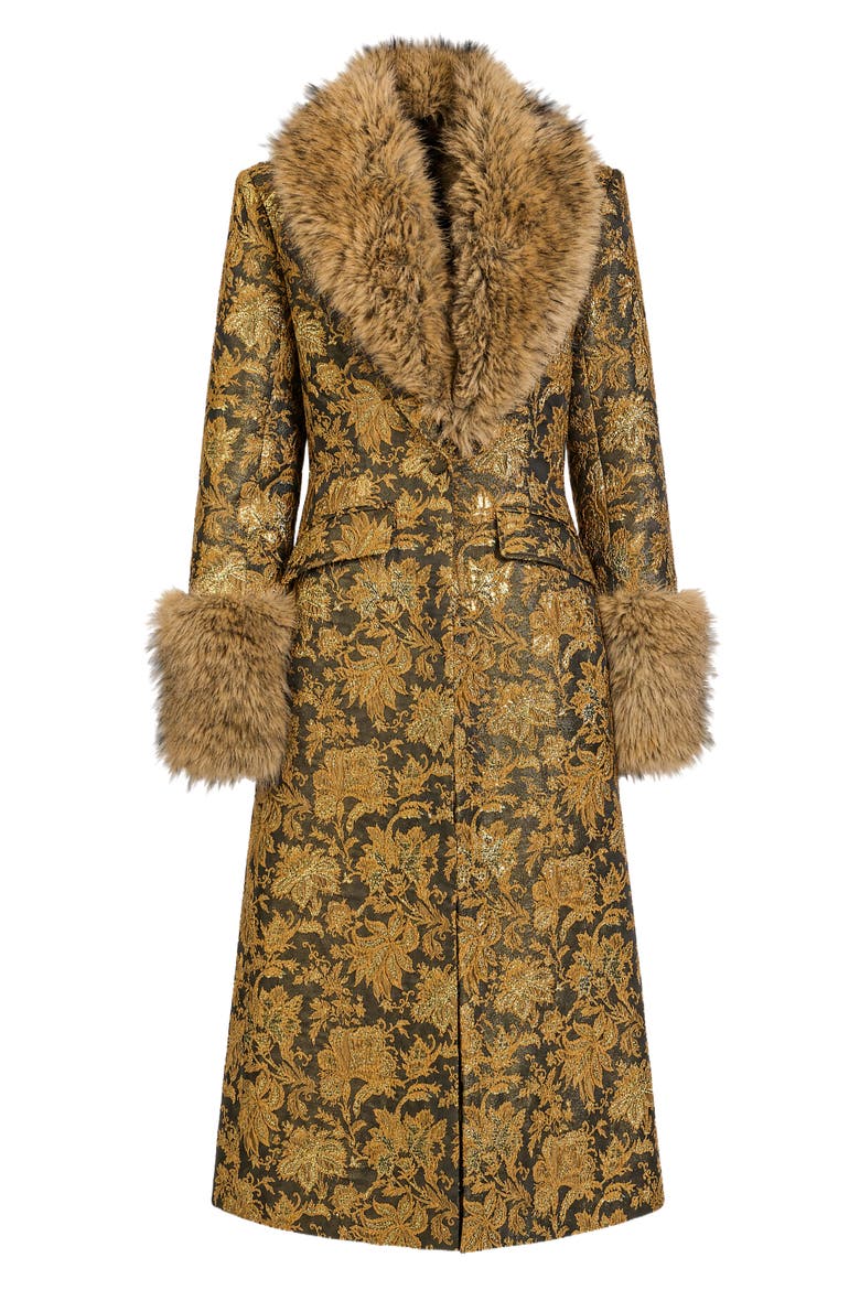 Ivella Floral Jacquard Coat with Faux Fur Trim, Alternate, color, GOLD