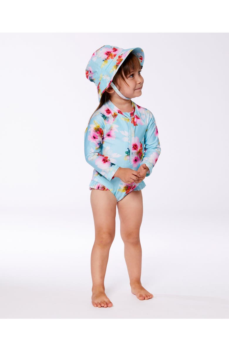Deux par Deux Little Girl's Printed One-Piece Rashguard With Frills Turquoise And Pink Flowers, Alternate, color,