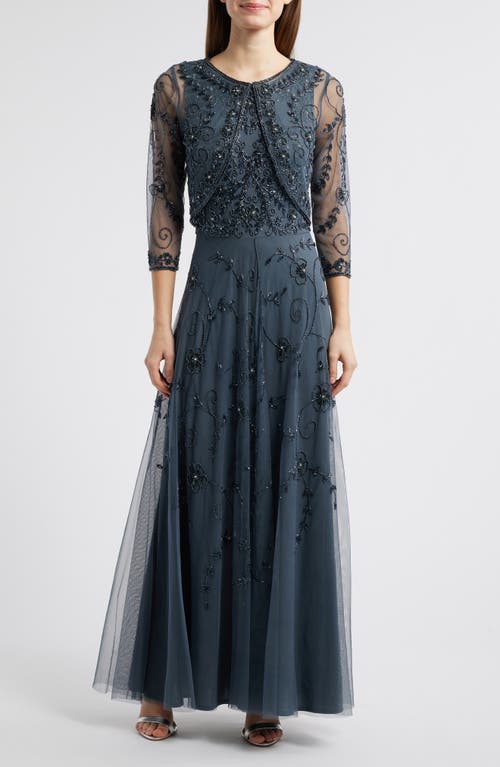 Pisarro Nights Beaded Mesh Gown With Jacket In New Steel
