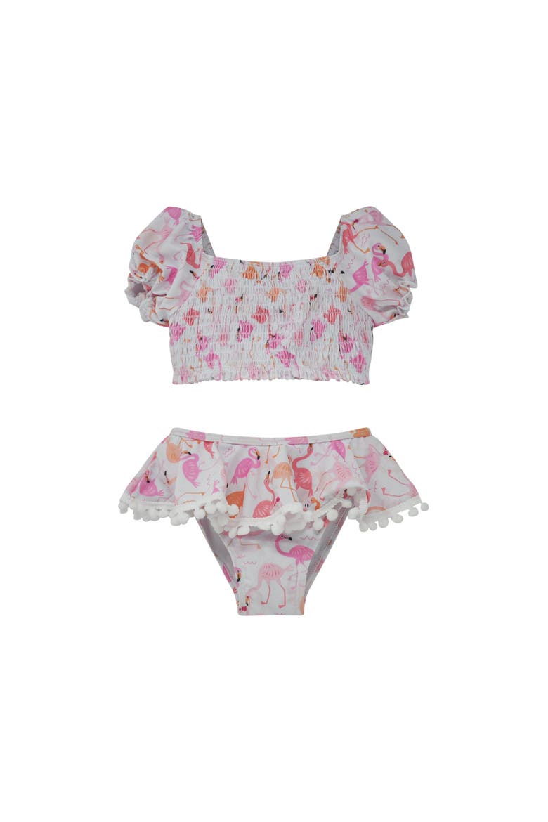 Girl's UPF 50+ Gemma Two Piece Pom-Pom Swimsuit, Main, color, Flamingo Love