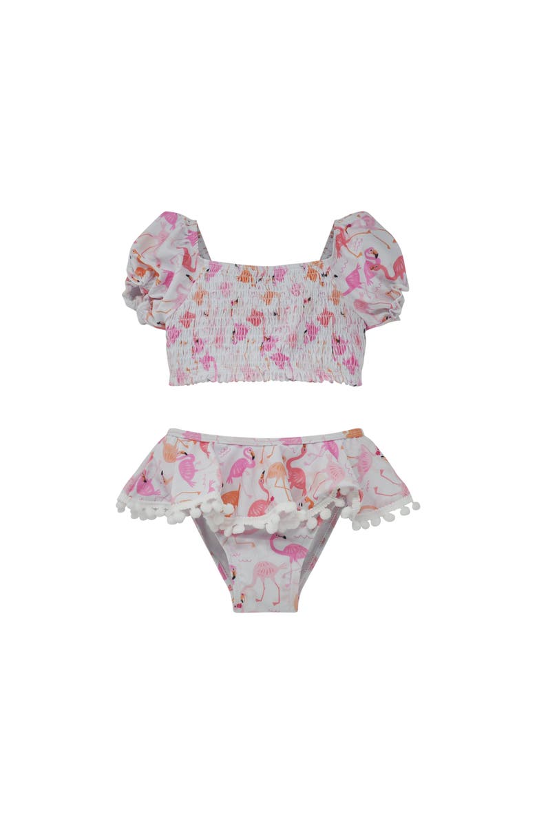 Flap Happy Girl's UPF 50+ Gemma Two Piece Pom-Pom Swimsuit, Main, color, Flamingo Love