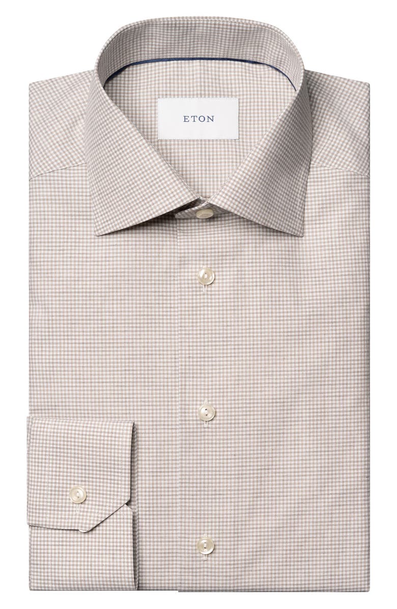Eton Trim Fit Tan Mélange Microcheck Cotton Dress Shirt, Alternate, color, Light Beige