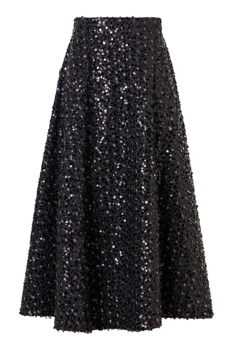 Starry Sky Sequin Denim Midi Skirt, Alternate, color, BLACK DENIM