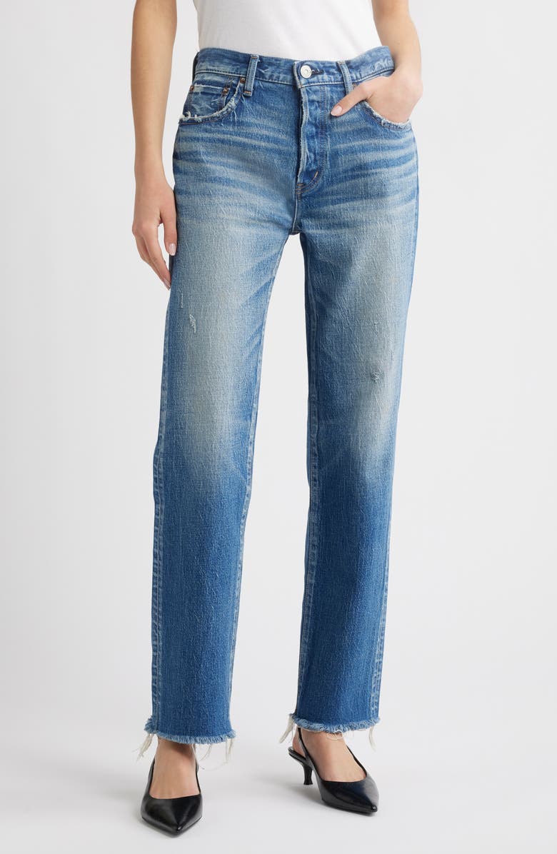 MOUSSY VINTAGE Rutherford Distressed Raw Hem Straight Leg Jeans, Main, color, Blue