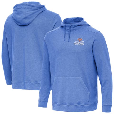 Men's Antigua Heather Blue New York Knicks 2026 NBA Finals Champions Wordmark Cloud Hoodie
