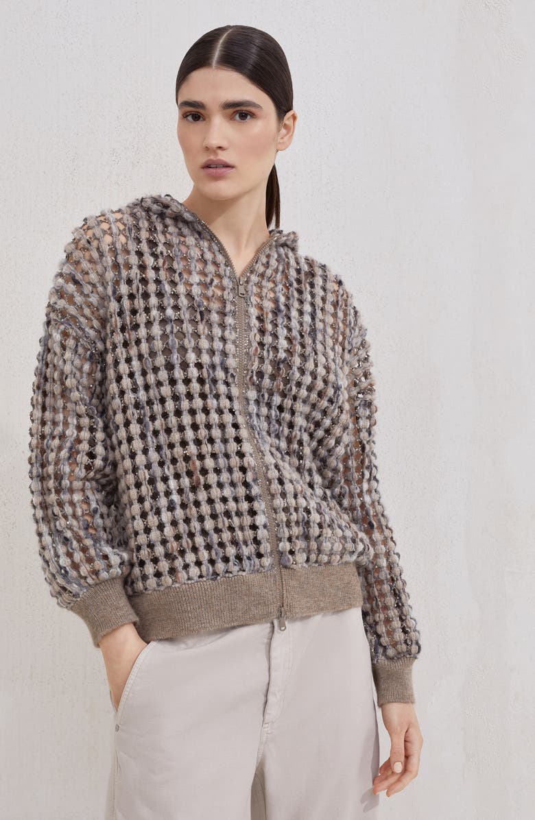 Brunello Cucinelli Balloon net cardigan, Alternate, color, Camel