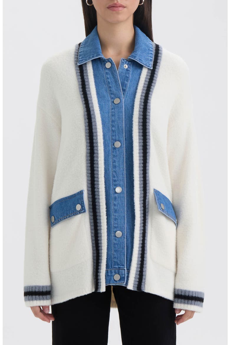 Denim Trim Varsity Cardigan, Main, color, MARSHMALLOW