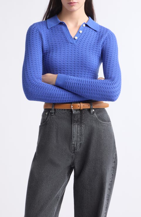 Shrunken Waffle Cashmere Polo Sweater
