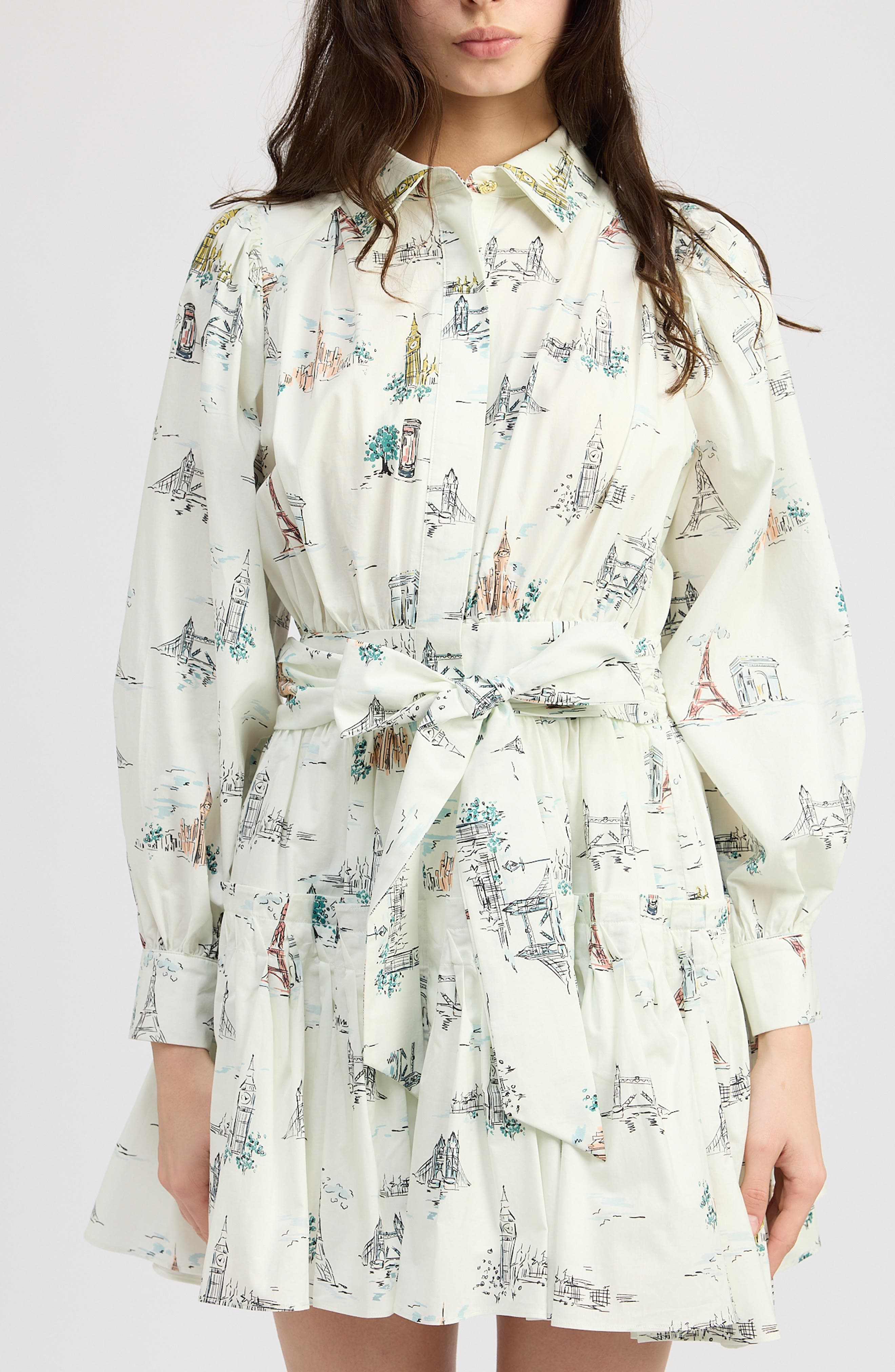 En Saison Georgina Sketch Detail Long Sleeve Cotton Mini Shirtdress in Ivory Multi 