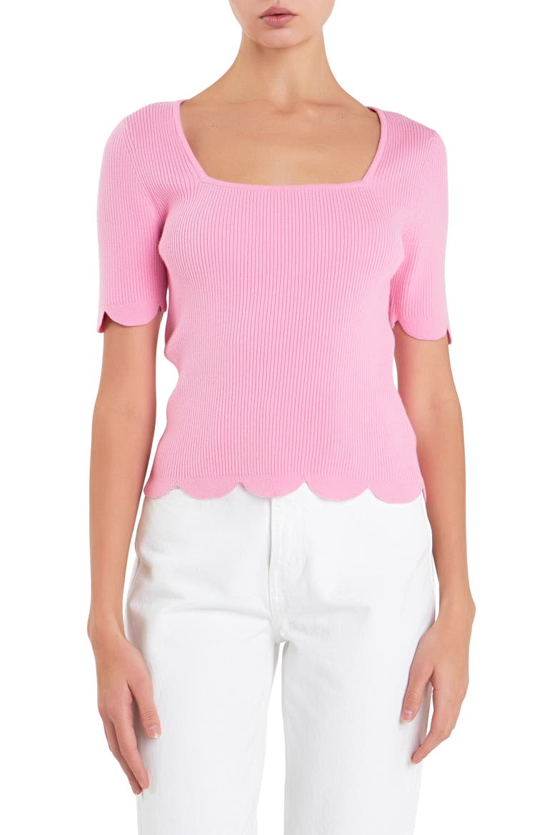Scallop Hem Square Neck Rib Sweater, Main, color, PINK