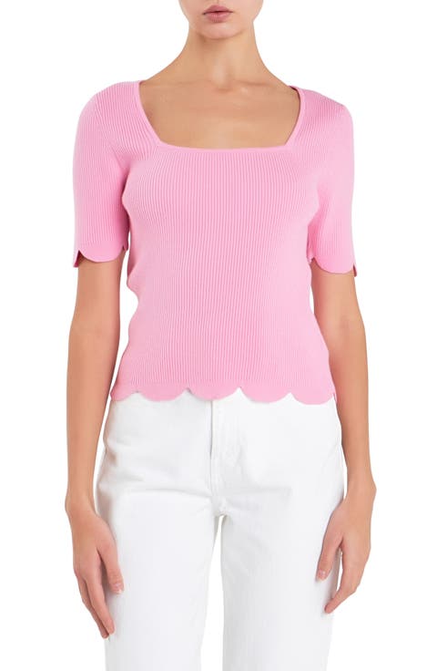 Scallop Hem Square Neck Rib Sweater